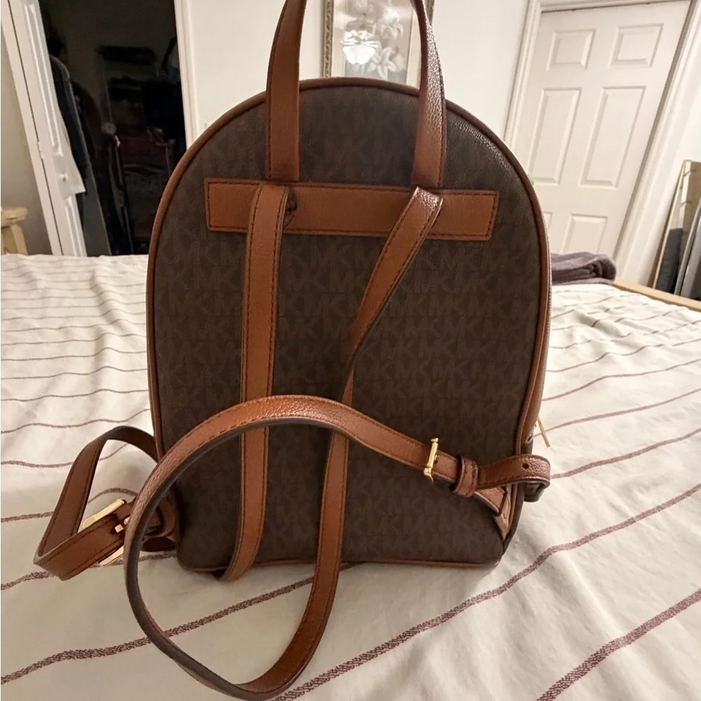 Michael Kors Brown Signature MK Dome Backpack with Gold Zips